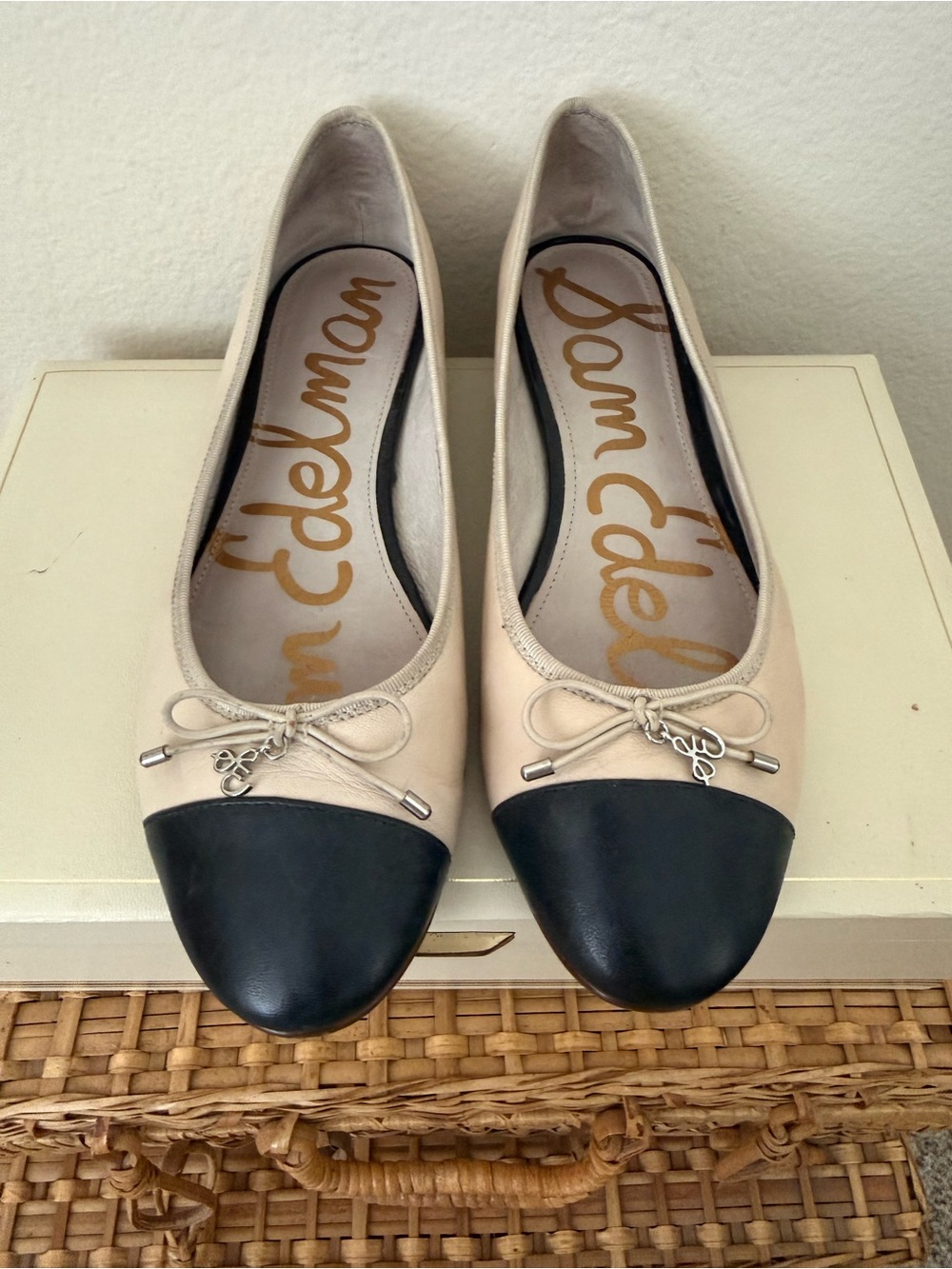 Sam Edelman Cream and Black Cap-Toe Bow Ballet Flats